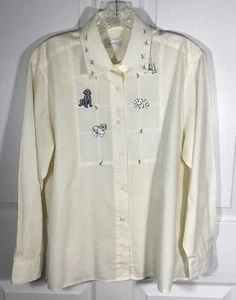 Foxcroft Blouse Sz 8 Cream Long Sleeve  Button Up Cotton Embroidery Dogs 3-24 - Picture 1 of 13