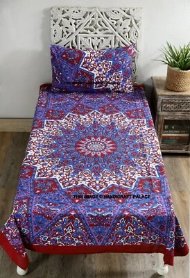 Star Mandala Printed Single Bedsheet & 1 Pillow Cover Indian 100% Cotton Bedding - Image 1 of 4