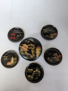 Vintage 1950s Japanese Black Lacquer Wooden Round Box with 5 Small Coasters - Picture 1 of 12