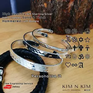 Solid & Thick Hammered Bangle Bracelet with Symbol ✔️Solid 925 Silver✔️Quality - Picture 1 of 10