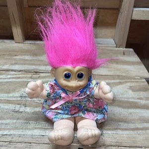 Russ Berry Troll Kidz Soft Body Doll W/ Dress Pink Hair Blue Eyes Floral Dress - Picture 1 of 6