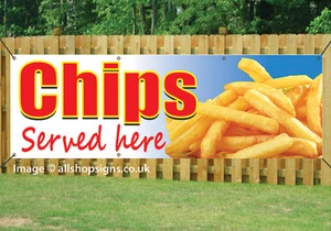 CHIPS SERVED HERE TAKEAWAY BANNER OUTDOOR SIGN waterproof PVC with Eyelets 001 - Picture 1 of 1