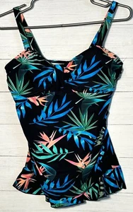 Hilor Tankini Swim Top Women Sz 10 Black Blue Green Leaves Ruched Tummy Control - Picture 1 of 17