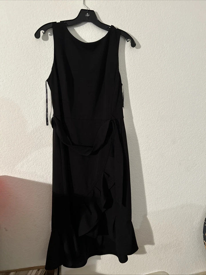 Calvin Klein Sleeveless Ruffled Hi-low Tie Waist Dress in Black Size 10