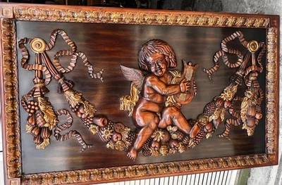 Grande madera tallada tallada madera querubín putti ángel alado placa pared panel arte Foto 1 de 4