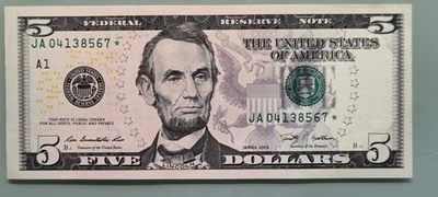 2009 Five Dollar Federal Reserve Note $5 STAR NOTE Circulated #96481 - Image 1 of 2