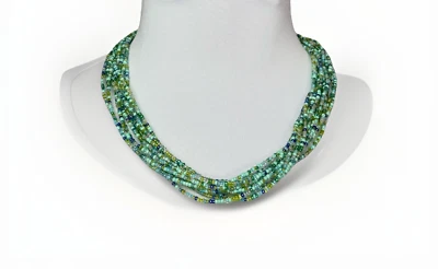Collar Verde Turquesa Azul Sirena Vidrio Costero Multi Hilos Declaración Foto 1 de 4
