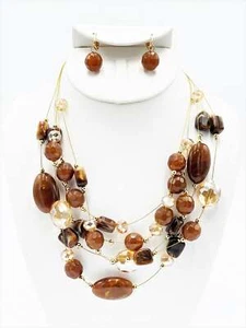 Clip en alambre de oro multi hebra marrón cuentas collar y pendiente conjunto - Imagen 1 de 4