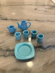 Barbie Blue Kitchenware Pitcher Tea Pot Sugar Bowl Cups Plate Doll Size - Picture 1 of 1