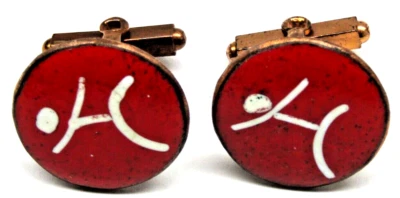 Vtg Cufflinks Red White Stick Art Figure Round Enamel Copper Mens Formal Wear - Image 1 of 4