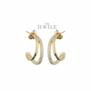 14K Gold 0.26 CT VS/F-G Diamond Double Half Hoop Huggie Earrings - The Jewelz - Picture 1 of 4