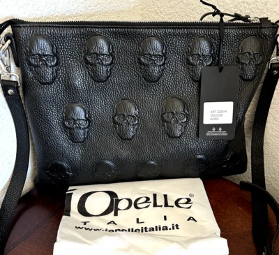 IO PELLE Italian Pebbled leather Skull Embossed Wristlet Pouch Bag Purse XBody - Image 1 of 4