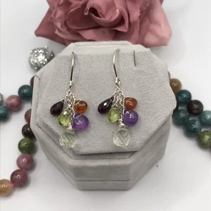 Sterling Silver Multi Gemstone Earrings Dangle Drop Natural Briolettes - Picture 1 of 13