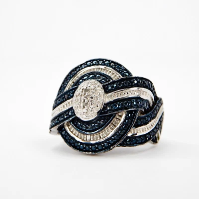 925 Sterling Silver Real Multi-Cut White & Fancy Blue Diamond Wavy Ring Size 8 - Image 1 of 4