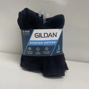 Gildan Men's Stretch Cotton Crew BLACK Socks Shoe Size 6-12 12 pairs - Picture 1 of 7