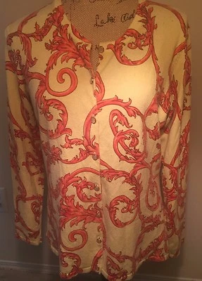 J McLAUGHLIN Print Cardigan Sweater Cotton Modal Blend Sz M Yellow/Orange - Imagem 1 de 4