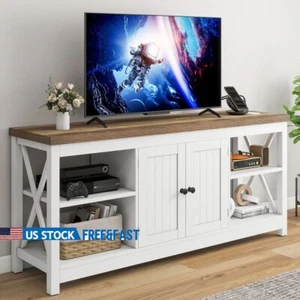 White TV Stand up to 65in W/ Power Outlets Storage Cabinet Entertainment Center - Picture 1 of 11