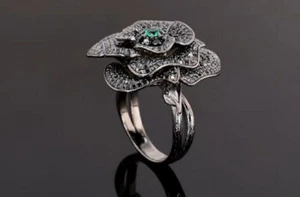 Белое Золотое  14 K  Кольцо С Черными Натуральными Бриллиантами  Изумруд . - Bild 1 von 4