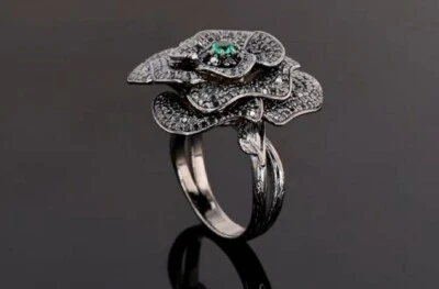 Белое Золотое  14 K  Кольцо С Черными Натуральными Бриллиантами  Изумруд . - Bild 1 von 4