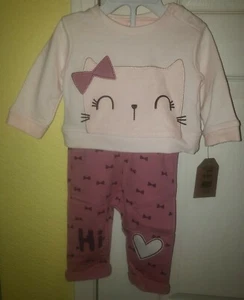 Chick Pea Infant Baby Girls Pink 2 Piece Outfit Kitty W/Bow 0/3 Months - Picture 1 of 4