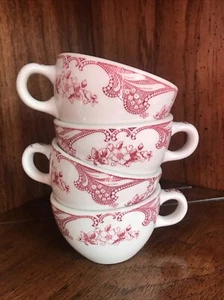 4 Shenango Pottery Rose Point Coffee Cups Red Scrolls, Floral - Picture 1 of 6