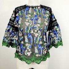 Topshop Blouse 4 Black Multicolor Birds Floral Embroidered Bell Sleeve Top