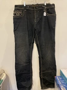 Rock Revival Men’s 42x32 Wesley Straight Leg Denim Dark Blue Jeans Distressed - Picture 1 of 7