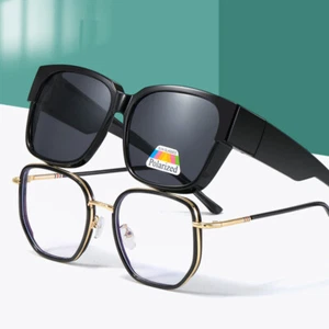 FITS OVER PRESCRIPTION SUNGLASSES POLARIZED MEN LADIES BLACK SQUARE GLASSES WRAP - Picture 1 of 8