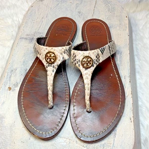 Tory Burch Thora Snake Print Leather Flip Flop Sandals Sz 8 Brown Logo Thong - Picture 1 of 9