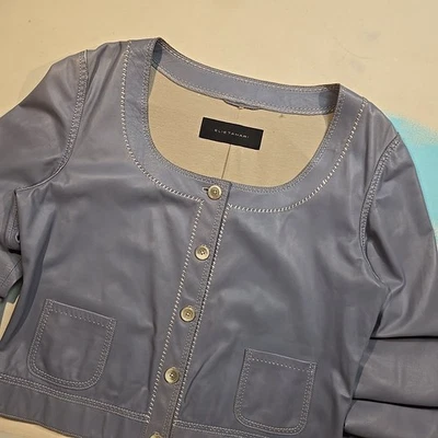Elie Tahari Women Size L Blue 100% Leather Jacket Button Crop Modal Lined Purple - Image 1 of 4