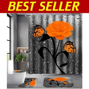 All-Season Orange Rose Shower Curtain Set with Bath Mats and Toilet Cover - Picture 1 of 8