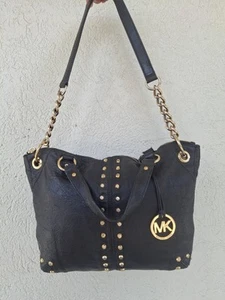 Michael Kors Astor Black Soft Leather Satchel Gold Studded w Strap EXC - Picture 1 of 14