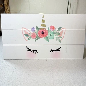 Arte de letreros florales de unicornio de madera blanca decoración de pared de vestíbulo de hobby - Imagen 1 de 4