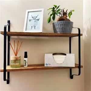 Light Walnut Floating Shelves Wall Mounted Plant kitchen Storage Bracket 2 Tiers - Picture 1 of 16