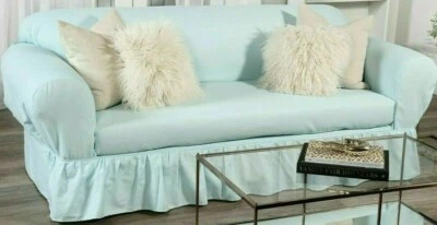 OPEN washed Cotton duck 3-seater Sofa Slipcover 2 piece aqua Blue up to 92" W - Image 1 of 4