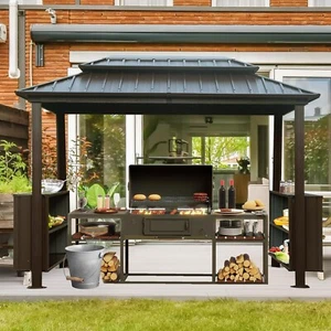 Domi Outdoor 6x10FT Hardtop Grill Gazebo w/2 Double-Layer Storage Cabinets,Brown - Picture 1 of 9