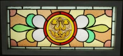 OLD ENGLISH STAINED GLASS WINDOW TRANSOM Hand Painted Symbol 32.5" x 14.75" - Image 1 of 4