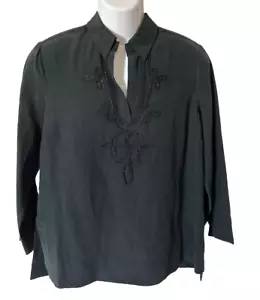 Camisa Blusa Mujer Country Shop Talla M Lino Seda Negra Nudo Cuentas Detalles Top - Imagen 1 de 8