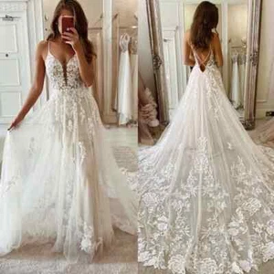 Boho A-Line Wedding Dresses Lace Appliques Spaghetti Straps V-Neck Bridal Gowns - Picture 1 of 10