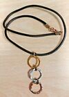 Vintage Waxed Cord Strung 3 Colours Gold Tone Rings Pendant Necklace P257