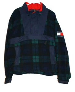 Vintage 90’s Tommy Hilfiger 1/4 Zip Fleece Jacket Size Large Plaid Blue & Green - Picture 1 of 3