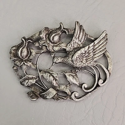 Broche Pájaro De Colección Ovalado Estilo Art Nouveau Peltre Tono Plata Prendedor Flores 2.5" Foto 1 de 4