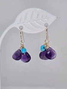 Amethyst Briolette Dangle Cluster Earrings Turquoise 14k Yellow Gold or Silver - Picture 1 of 8