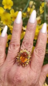 Oval Golden Yellow Citrine Cluster Ring, 925 Silver, Sz 7.5