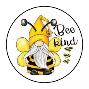 30 1.5" BEE KIND GNOME FAVOR LABELS ROUND STICKERS ENVELOPE SEALS - Picture 1 of 1