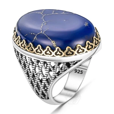925 Sterling Silver Oval Lapis Lazuli Stone Handmade Men's Ring - Image 1 of 4