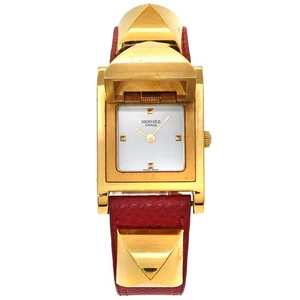 HERMES Medor Vintage pyramid Gold studs Quartz White Dial Ladies 90303529 - Picture 1 of 7