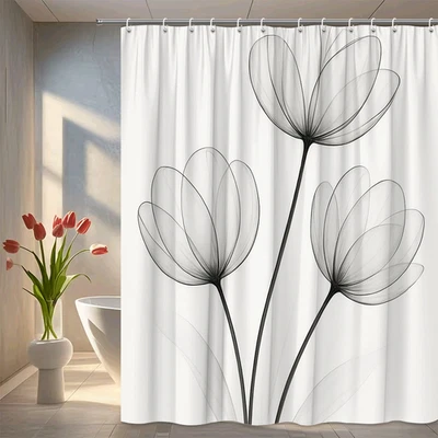 Elegante cortina de ducha floral en blanco y negro para baños modernos Foto 1 de 4
