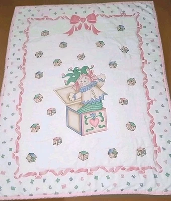 Quilted Embroidered Baby Blanket Handmade Vintage Jack-in-the-Box Pink Ribbon 🩷 - Image 1 of 4