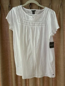 Eddie Bauer Damen weiß Petite Large Split Neck SS bestickt Top Bluse Neu mit Etikett - Bild 1 von 7